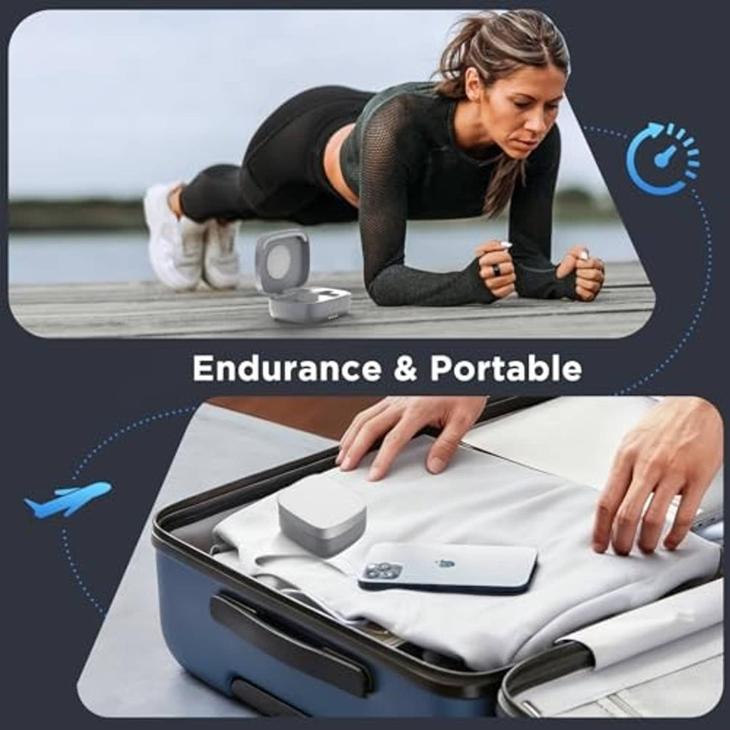 Silver charging case compact for travel, shown on a portable surface