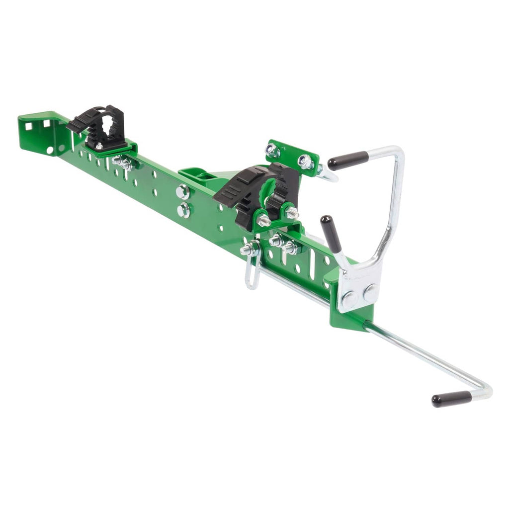 Green rack holder bracket with two black clamps and twin steel mounting arms