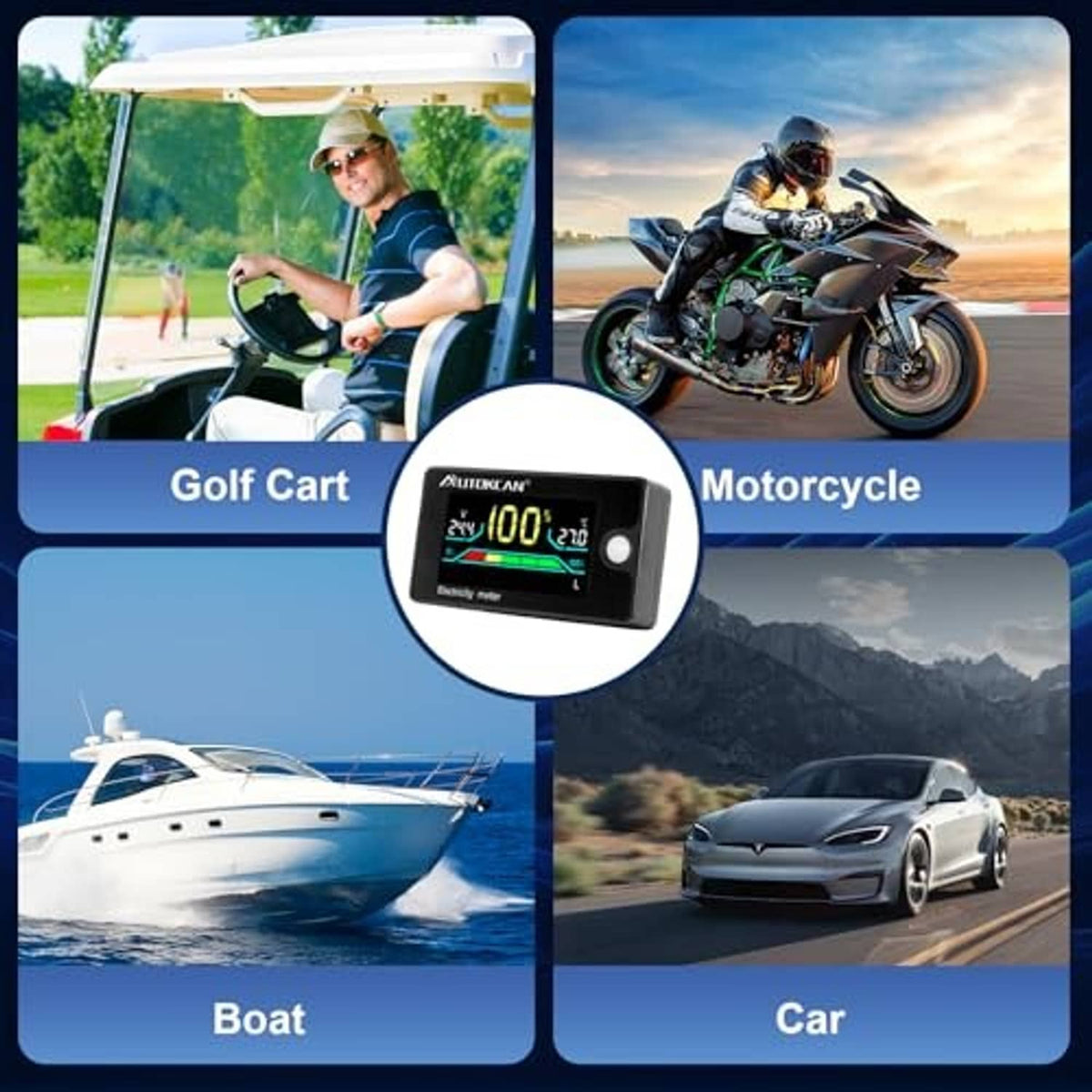 Digital battery monitor electricity meter shown for use on golf carts, motorcycles, boats, and cars