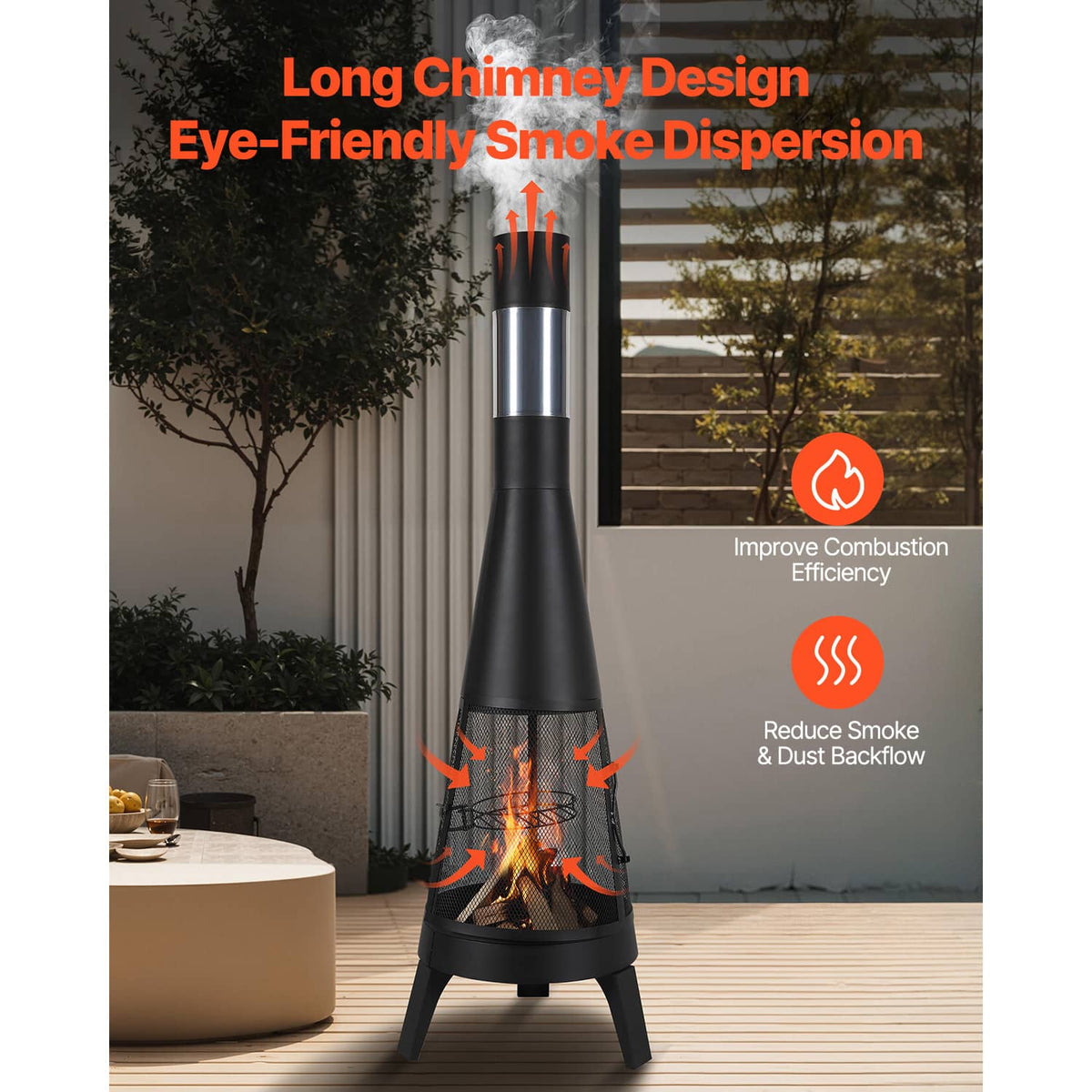 Outdoor chiminea firepit with tall stainless chimney, black body, and three standing legs