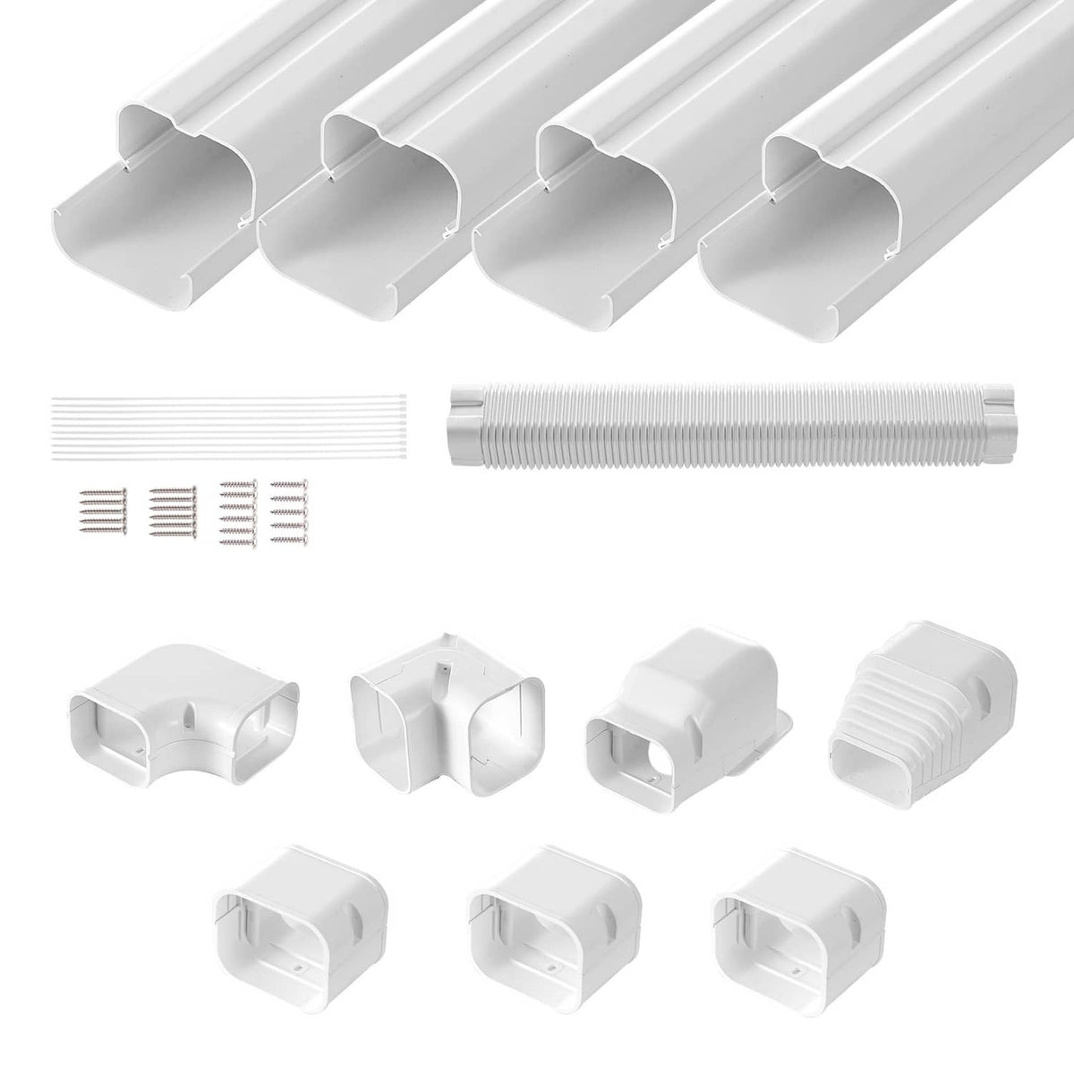 White PVC line set cover kit with corrugated pipe sleeve, screws, and corner fittings