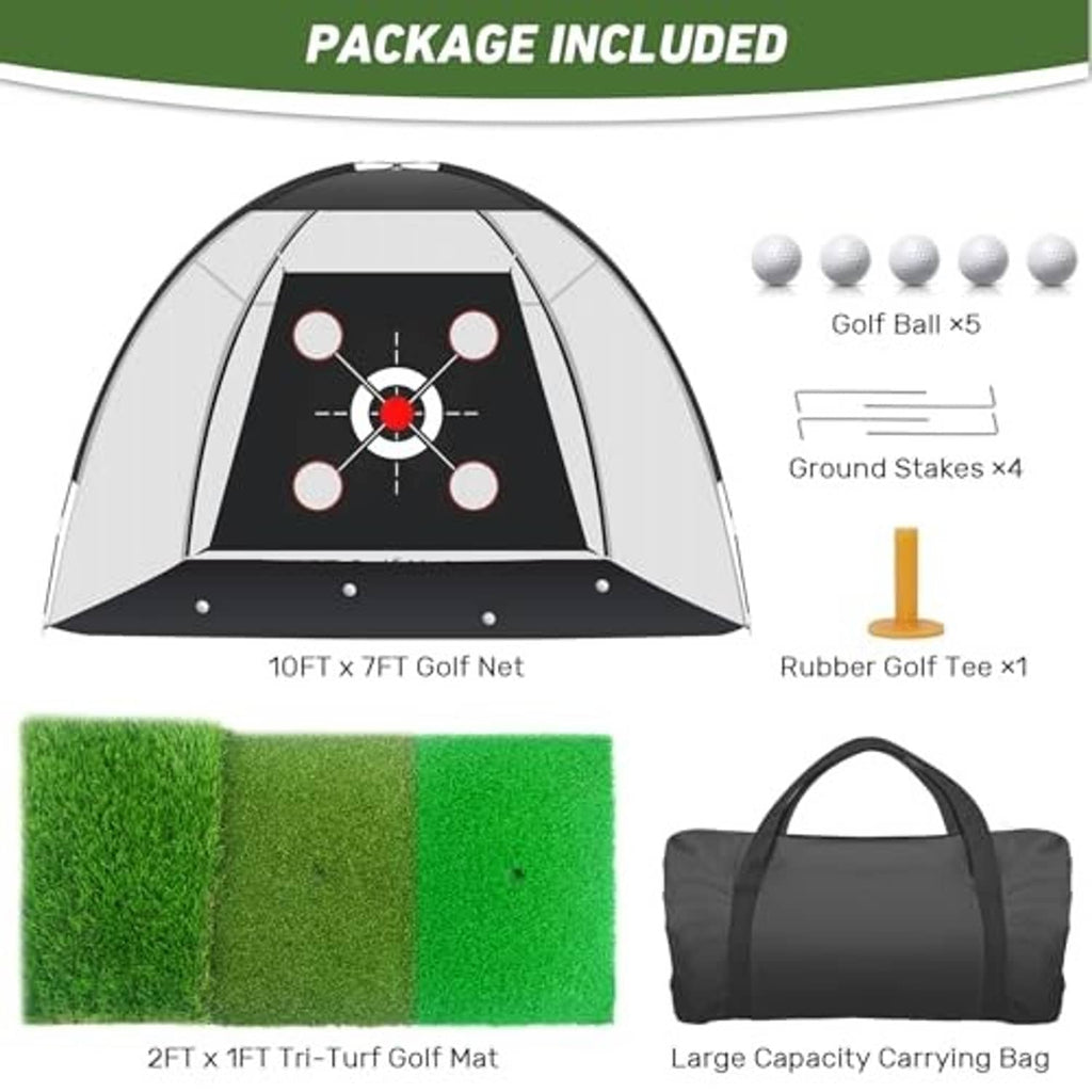 Golf practice net kit with target frame, tri-turf mat, golf balls, stakes, tee, and bag