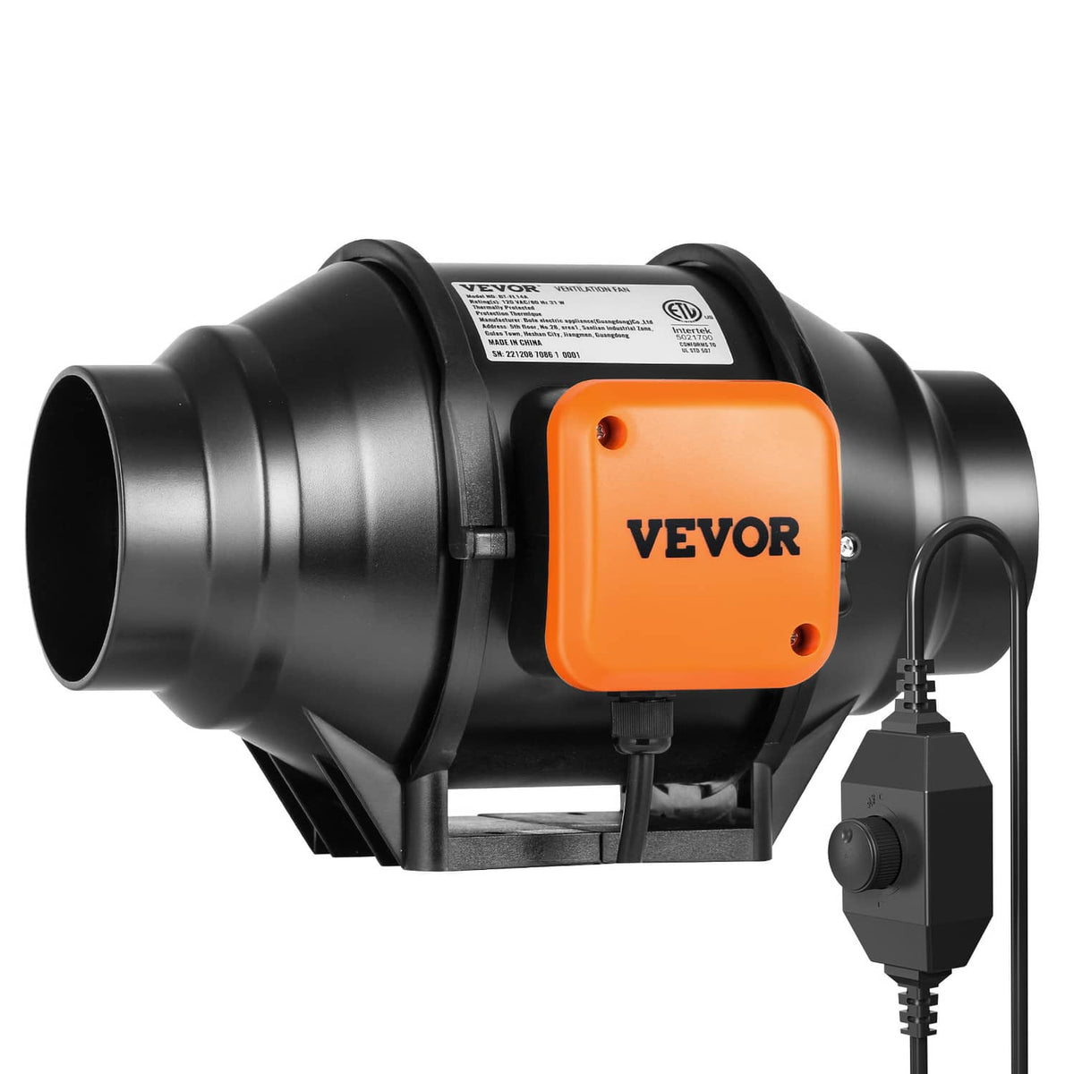 Black inline duct fan blower with orange VEVOR speed controller and power switch