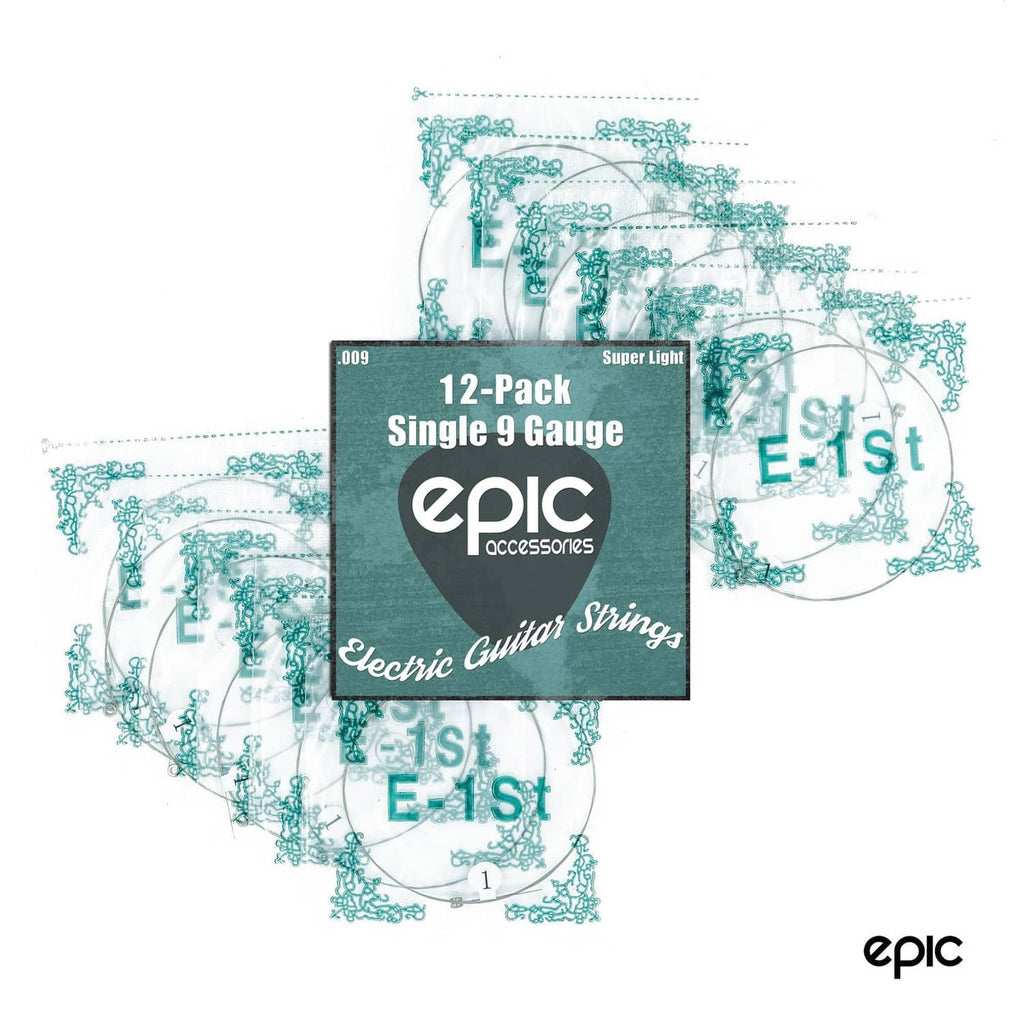 Epic Accessories 12-pack single 9 gauge electric guitar strings shown on card
