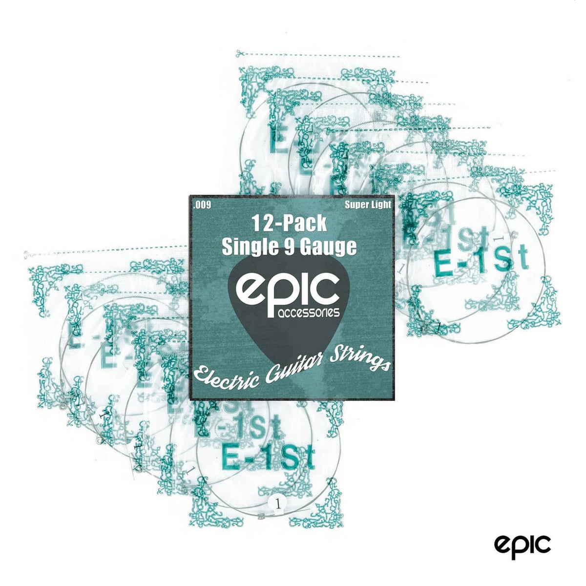 Epic Accessories 12-pack single 9 gauge electric guitar strings shown on card