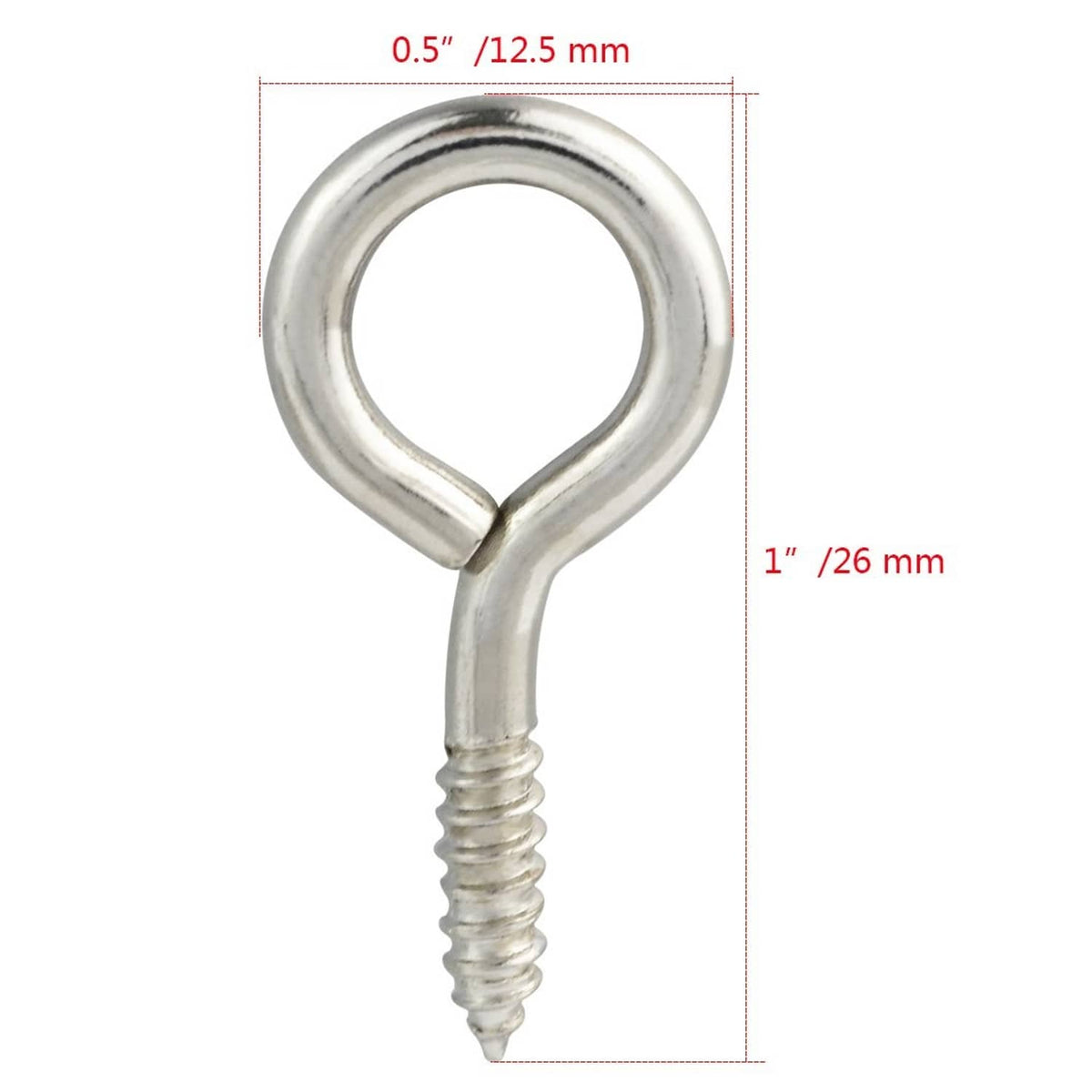 Single silver screw eye hanging hook with loop and threaded shank; size labeled 1 in