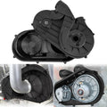 Outer and inner clutch belt cover set, black molded plastic with circular openings
