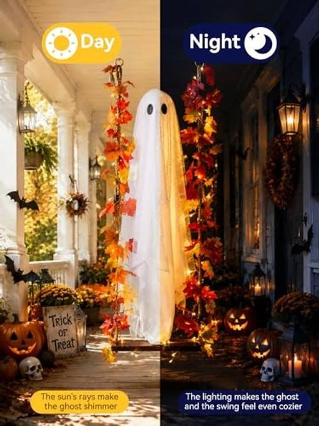 Hanging ghost decoration in warm white light with red and orange autumn leaf garland