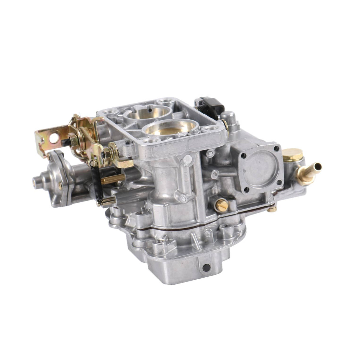 2-barrel carburetor with intake openings, fuel fittings, and mounting base