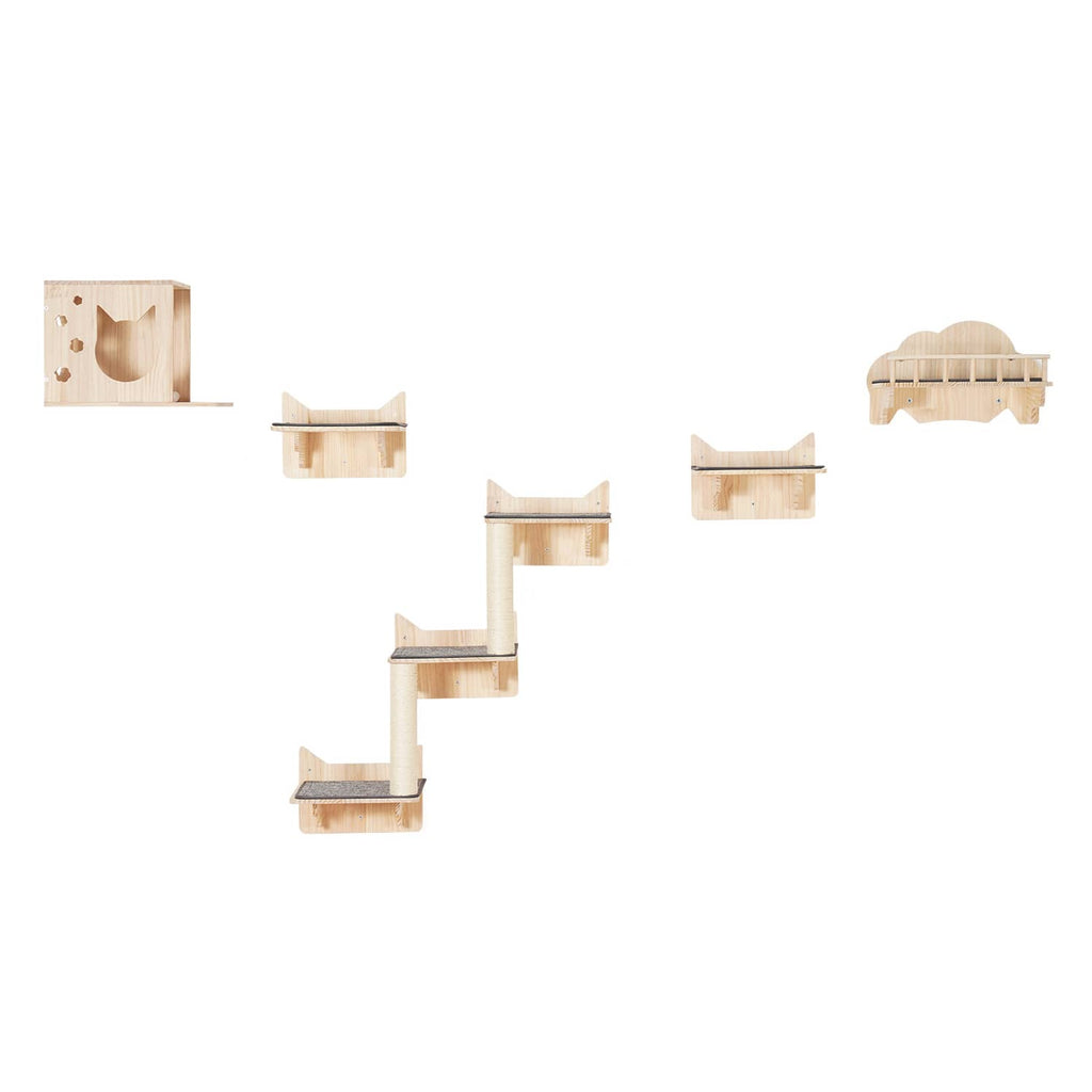 Wall-mounted cat shelf set with 5 wooden platforms and enclosed hideout