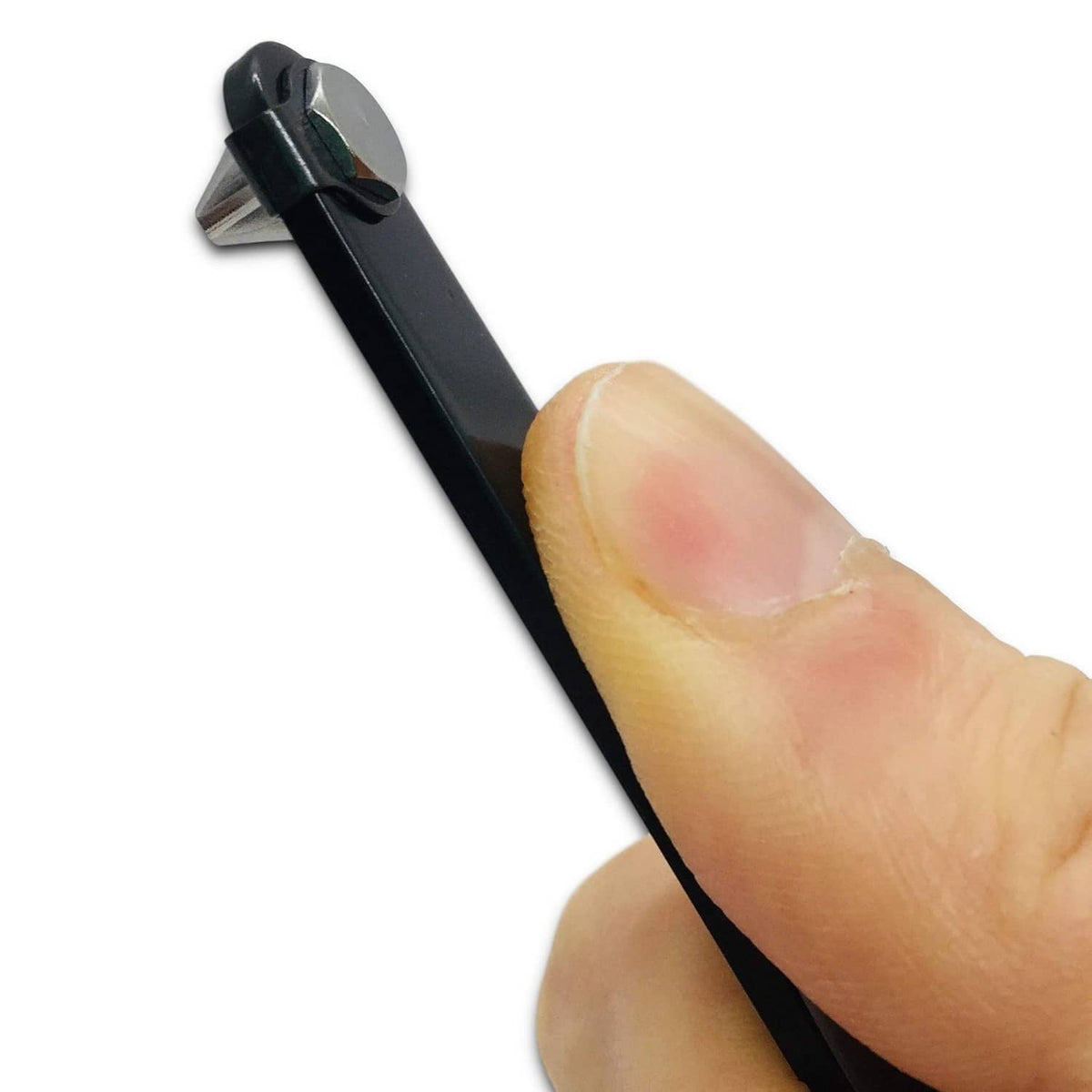 Close-up of slim offset screwdriver tip held between fingers