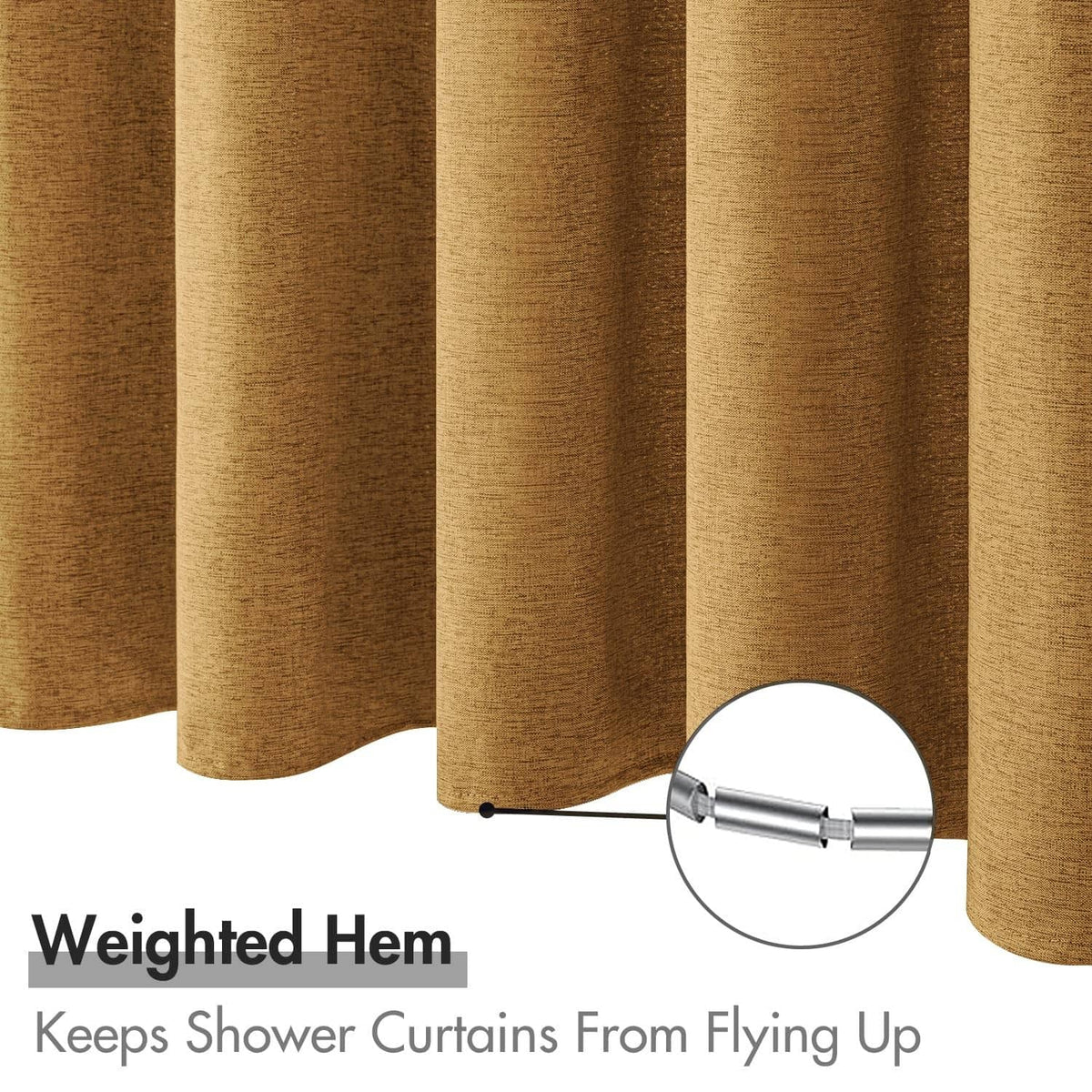 Gold faux linen shower curtain with weighted hem and close-up rod connection detail