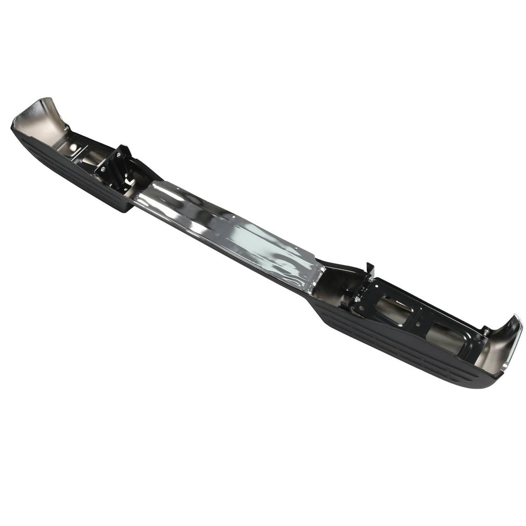 Rear bumper reinforcement bar with chrome underside and black outer trim