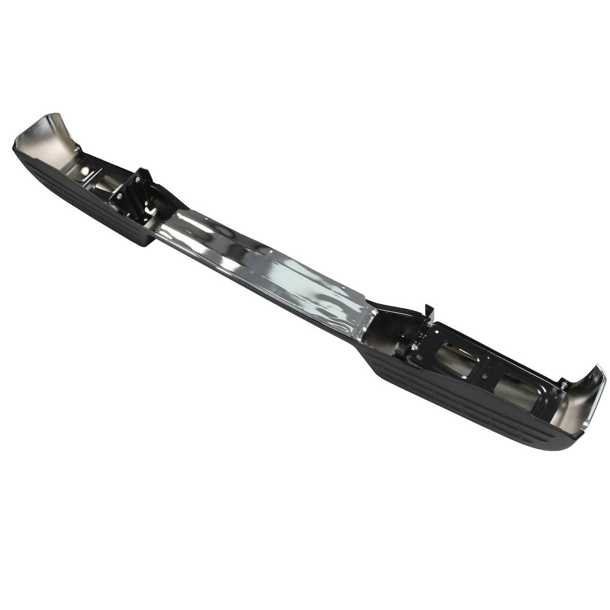 Rear bumper reinforcement bar with chrome underside and black outer trim