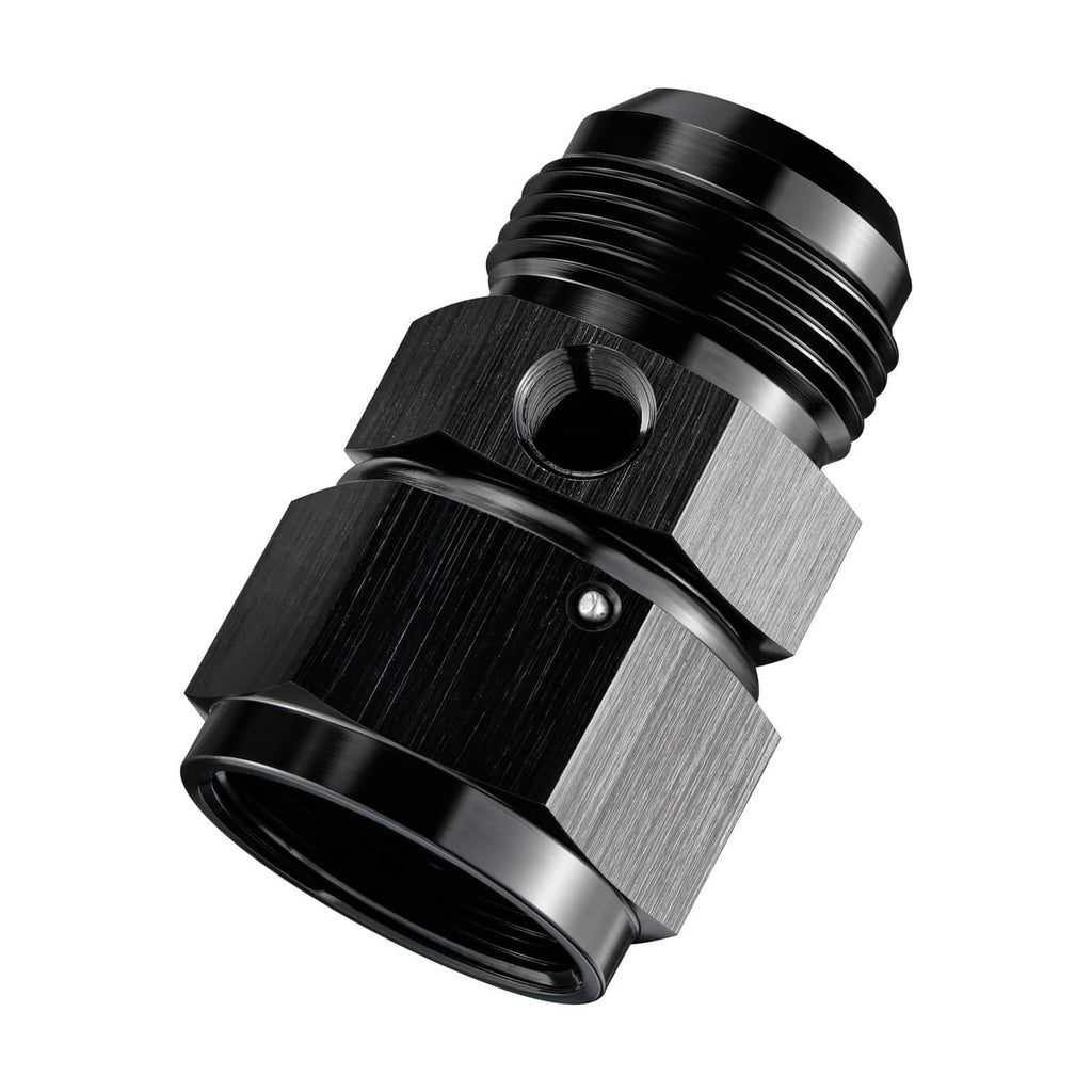 Black aluminum AN16 male-to-female flare fitting with 1/8 NPT port