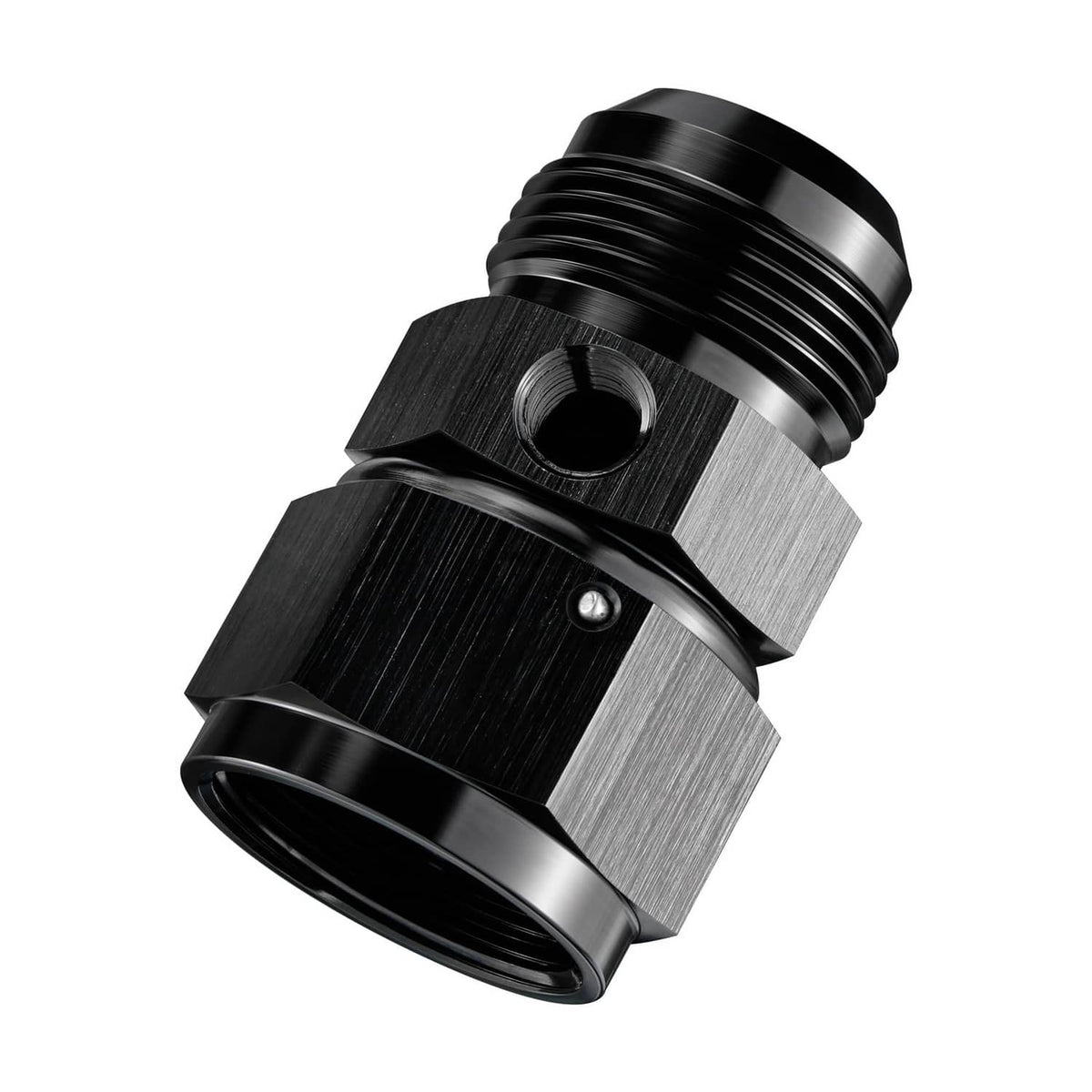 Black aluminum AN16 male-to-female flare fitting with 1/8 NPT port
