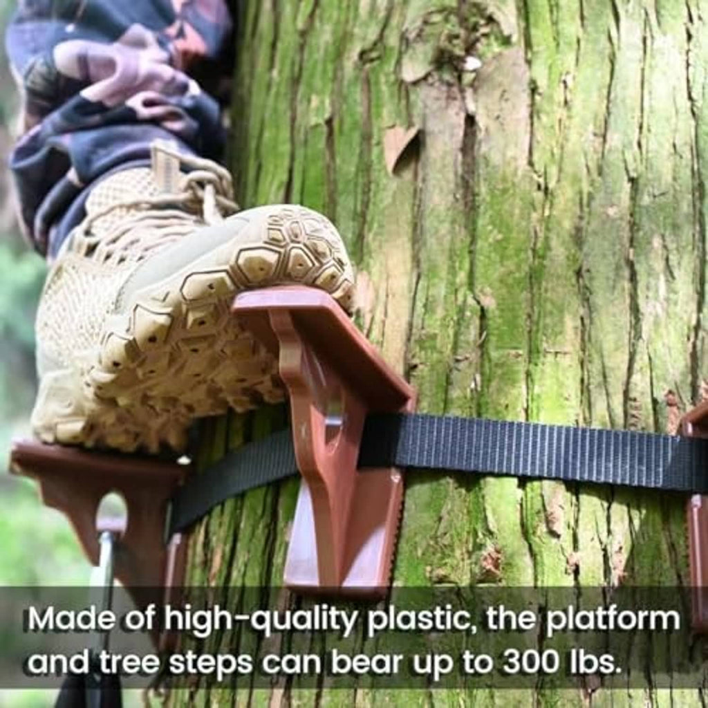 Brown platform with step pegs and blue strap secured to a tree trunk