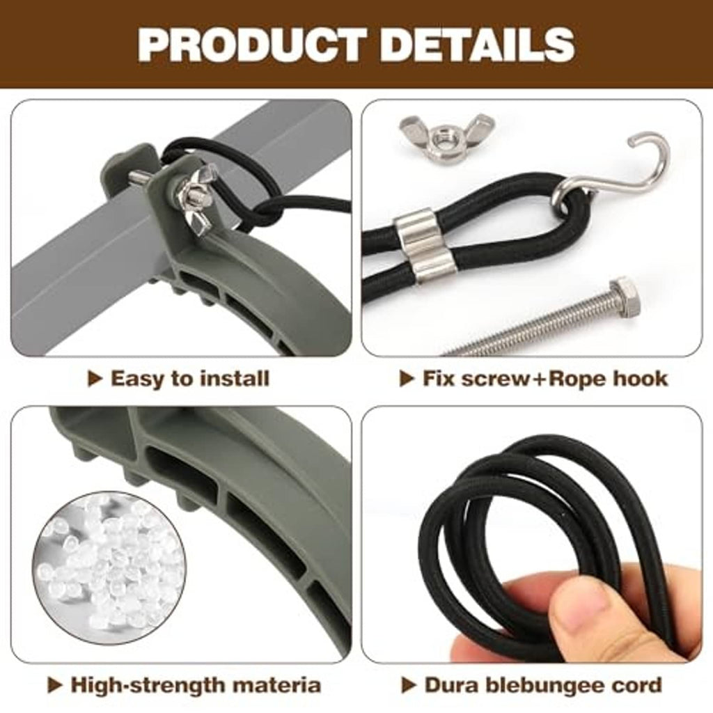 Climbing stirrup accessory with gray bracket, rope hook, and elastic cord detail
