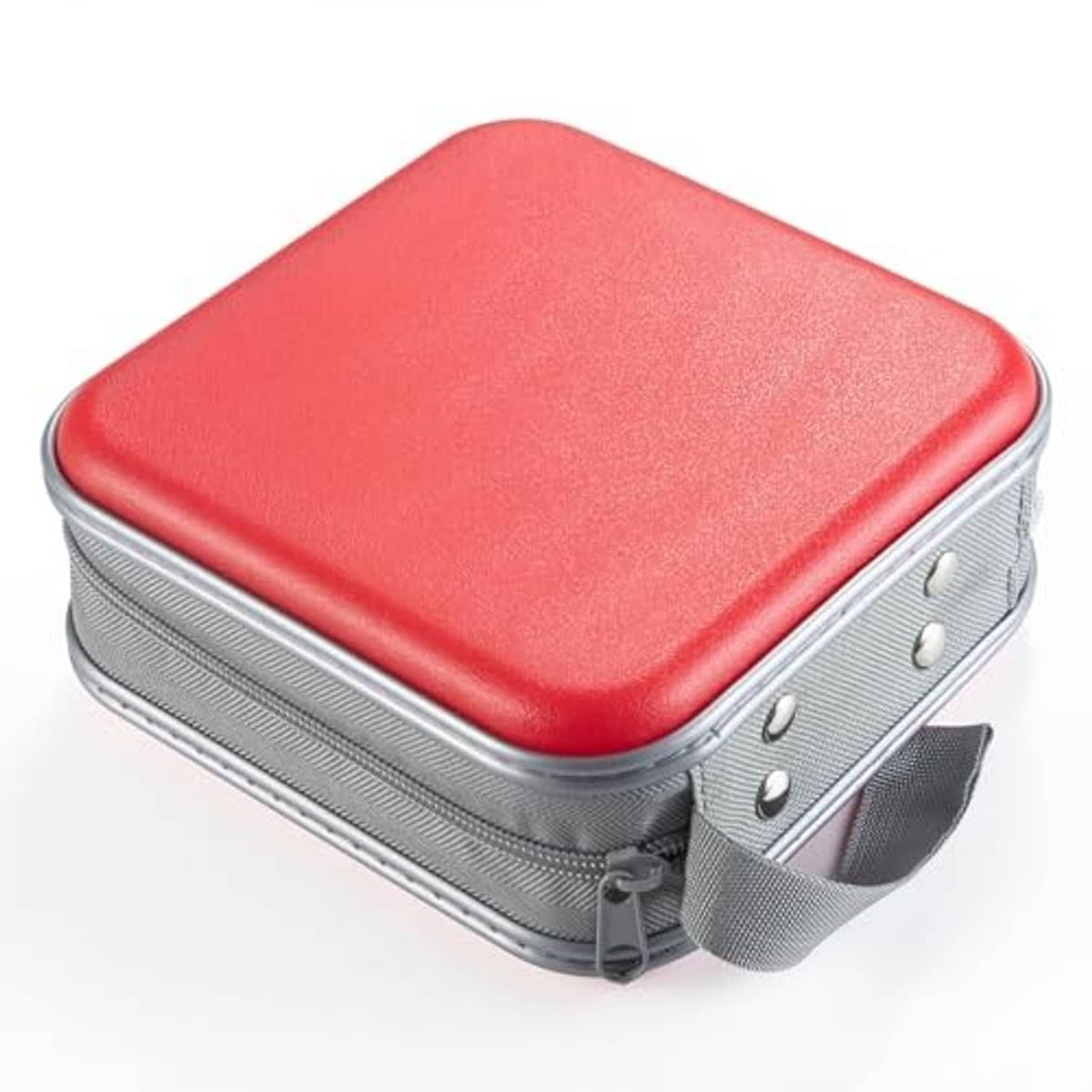 Hard plastic DVD case with red top, gray textured base, and metal grommet detail