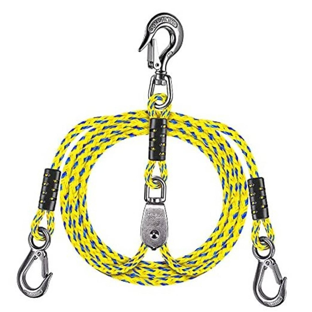 Yellow and blue braided boat tow rope with stainless steel pulley and two end hooks