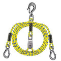 Yellow and blue braided boat tow rope with stainless steel pulley and two end hooks