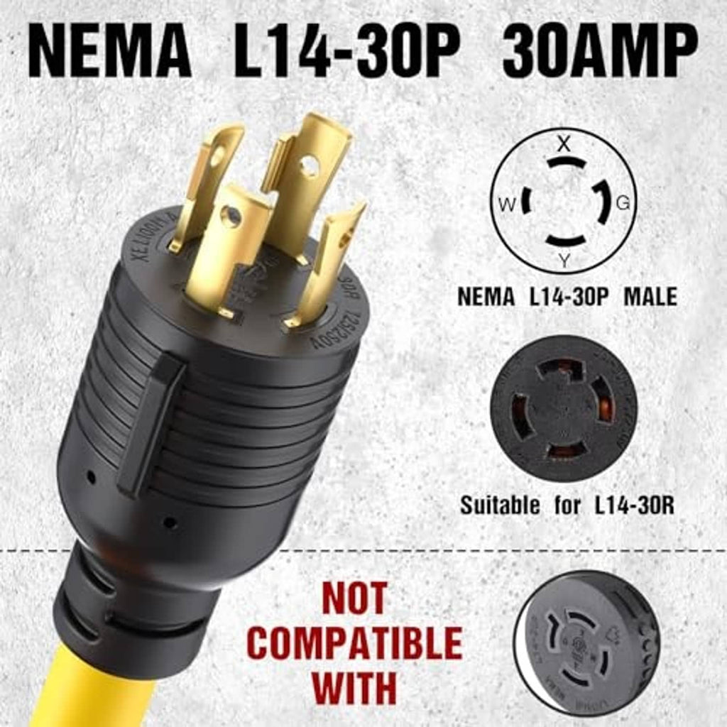 NEMA L14-30P male plug on welder adapter cord with black housing and yellow cable