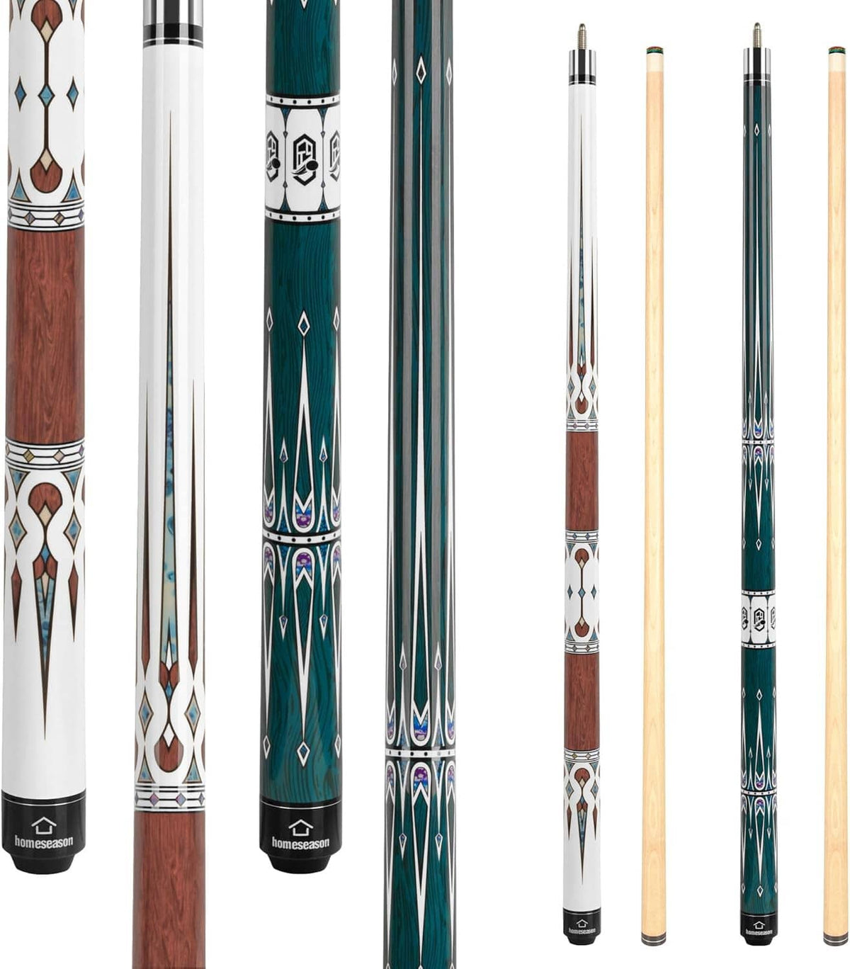 Decorative pool cue sticks with diamond inlays and dark leather butt caps