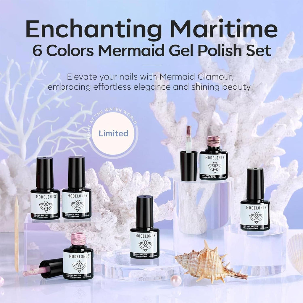 Six gel nail polish bottles with iridescent pearl shimmer colors