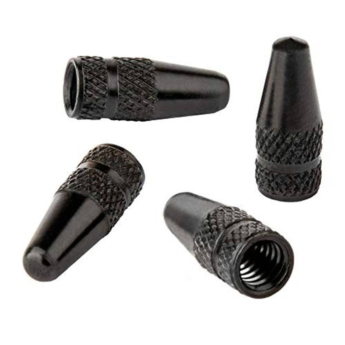 Black anodized Presta valve caps with textured bands and visible inner threads (4-pack)