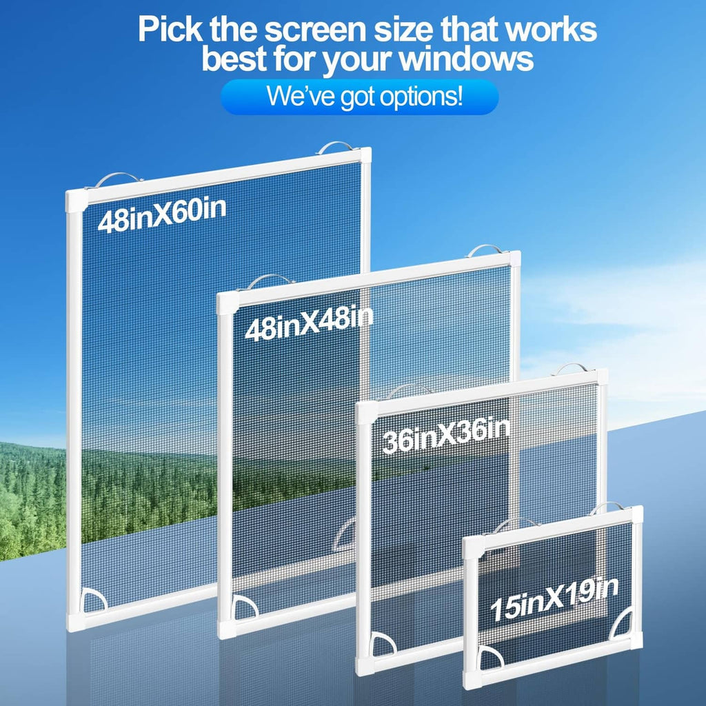 White window screen frame kit showing multiple sizes with dark mesh screens