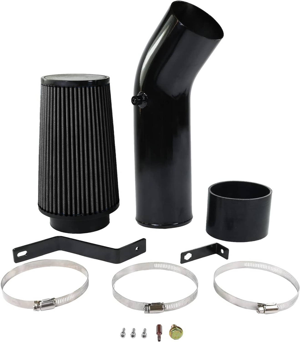 Black cone air filter and intake tube kit with clamps and mounting bracket hardware