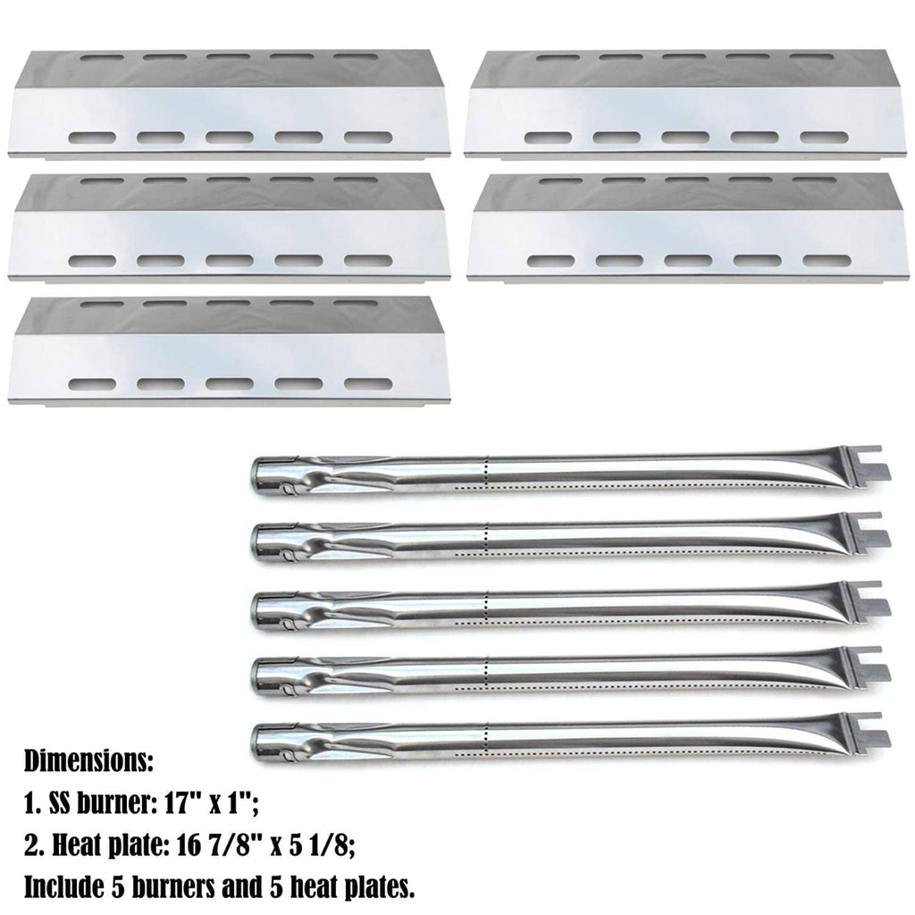 Stainless steel burner tubes with five matching heat plates for grill replacement.