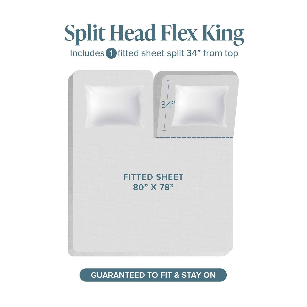King fitted sheet diagram showing split head flex design and 80 x 78 size