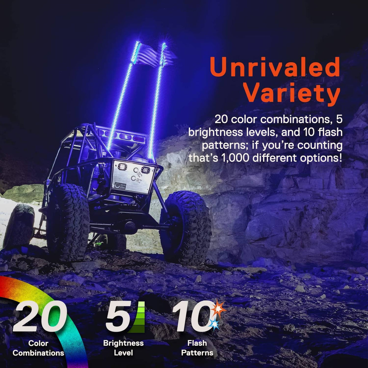 LED whip lights with bright blue-purple glow on black segmented housings