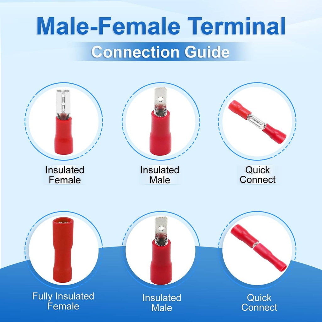 Male-female insulated spade crimp terminal connection guide with red insulated ends