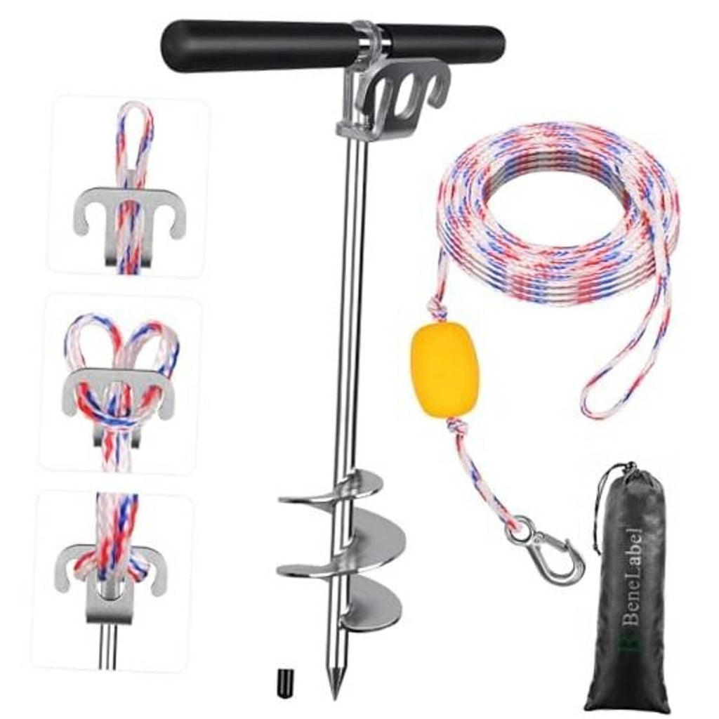 Boat sand anchor with black handle, spiral flukes, multicolor rope, yellow buoy, storage bag
