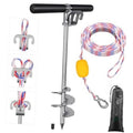 Boat sand anchor with black handle, spiral flukes, multicolor rope, yellow buoy, storage bag
