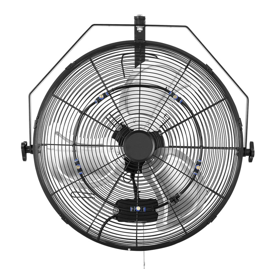 Wall-mounted 20 inch industrial fan with metal grille and blue-accent blades