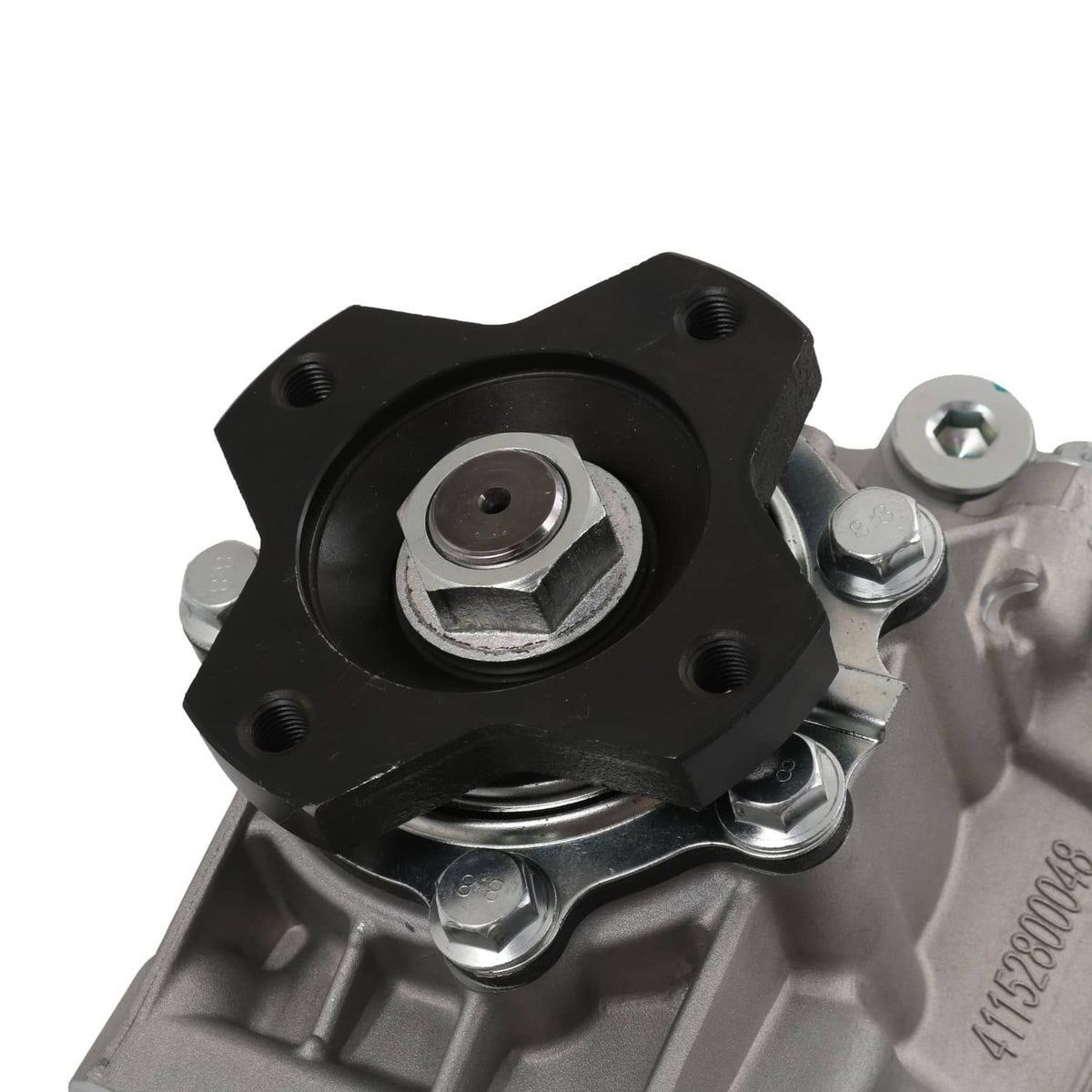 Transfer case component with black housing section and circular seal face on silver body.