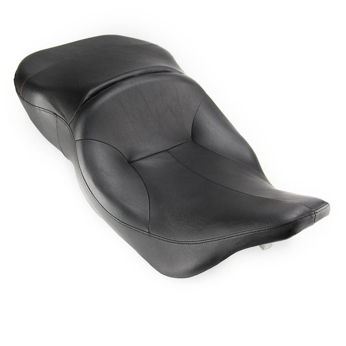 Motorcycle rider passenger seat in black with contoured solo seat shape