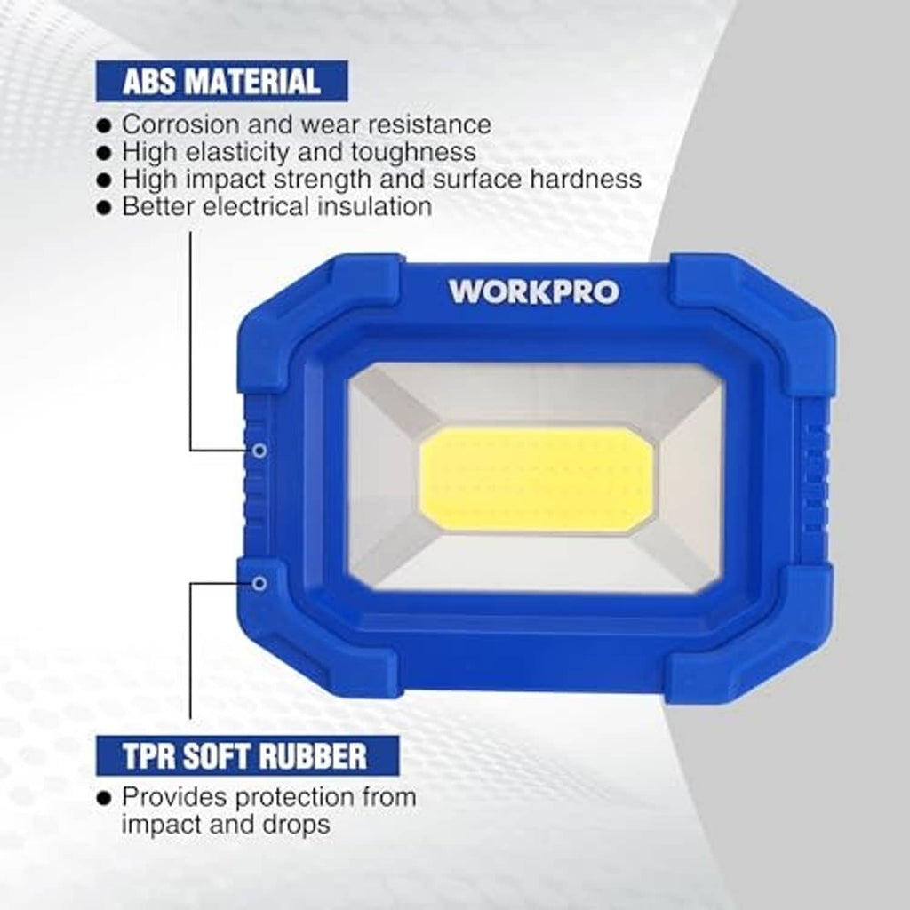 Blue COB LED work light with frosted front lens in a rugged rubberized housing