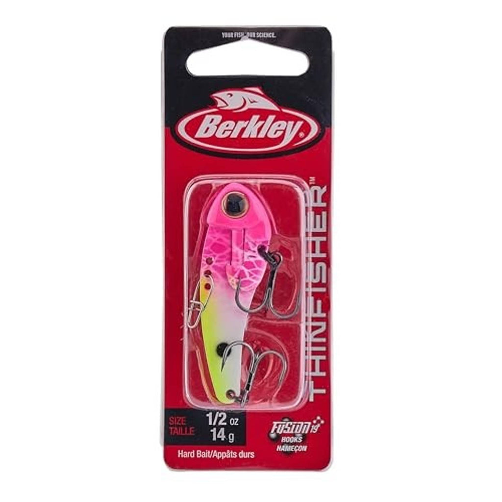 Blade bait fishing lure, pink and yellow-green with treble hooks (1/2 oz)