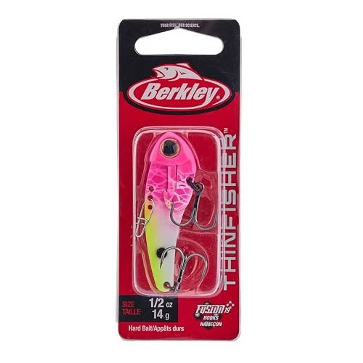 Blade bait fishing lure, pink and yellow-green with treble hooks (1/2 oz)