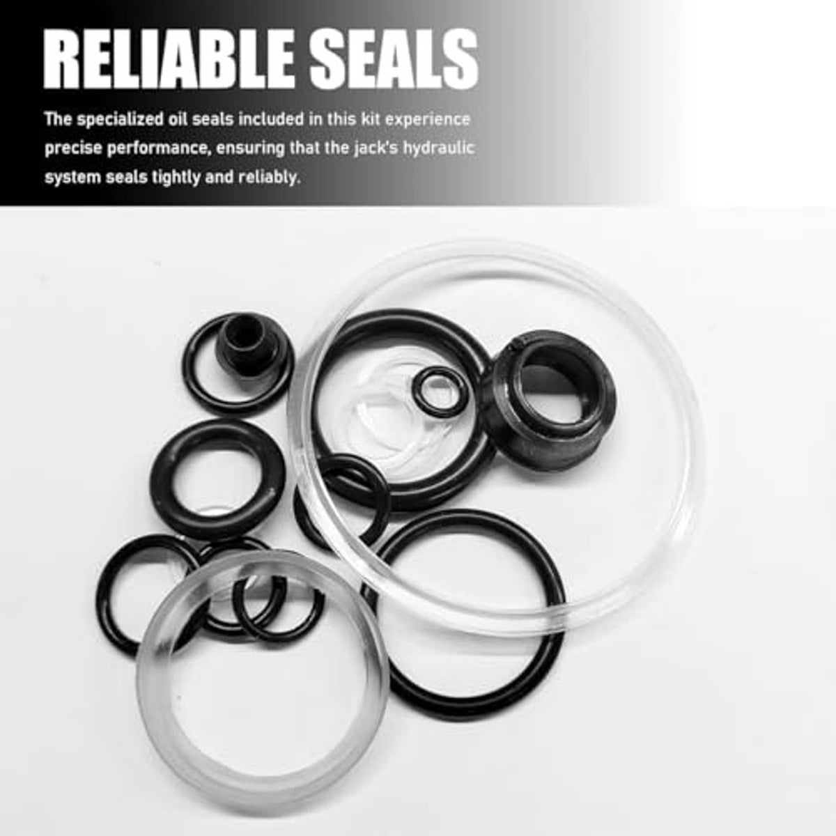 Hydraulic jack seal kit in clear pouch with black O-rings, washers, and gaskets