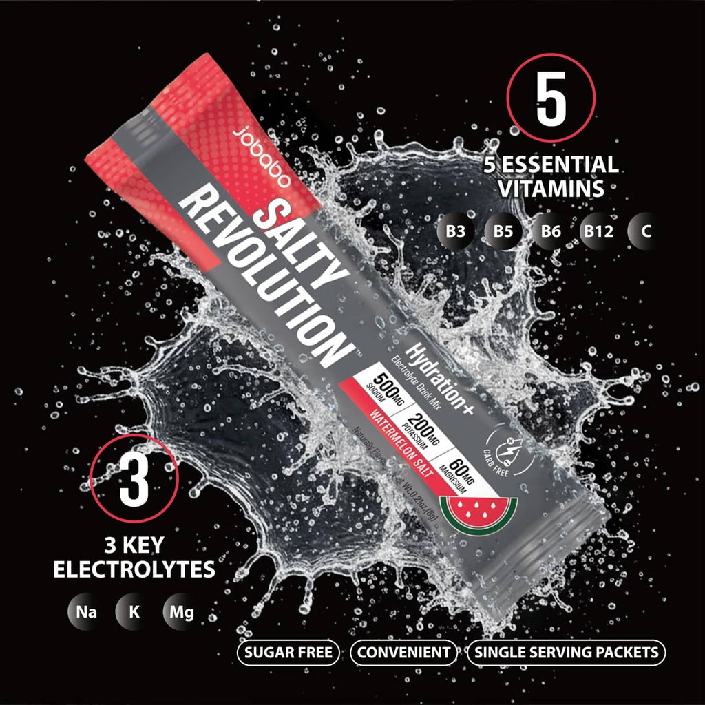 Salty Revolution hydration+ electrolyte stick packet with water splash and vitamin icons