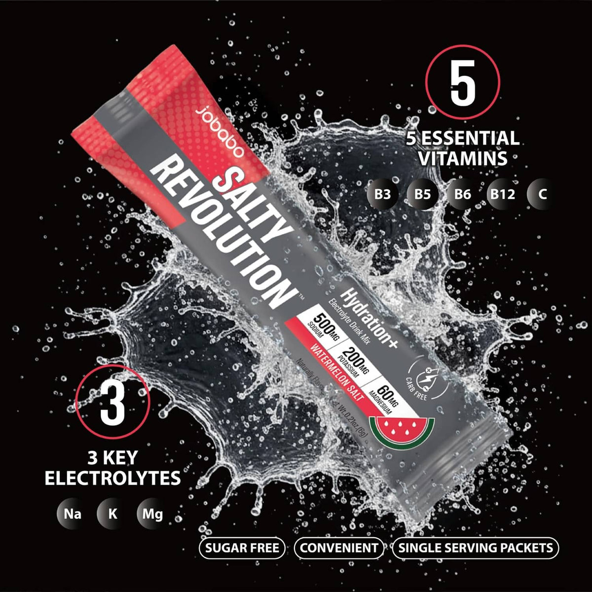 Salty Revolution hydration+ electrolyte stick packet with water splash and vitamin icons