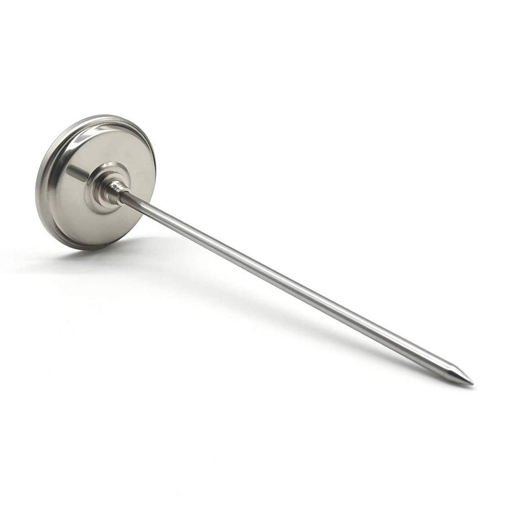 Grill thermometer with round face and extended metal probe, side angle