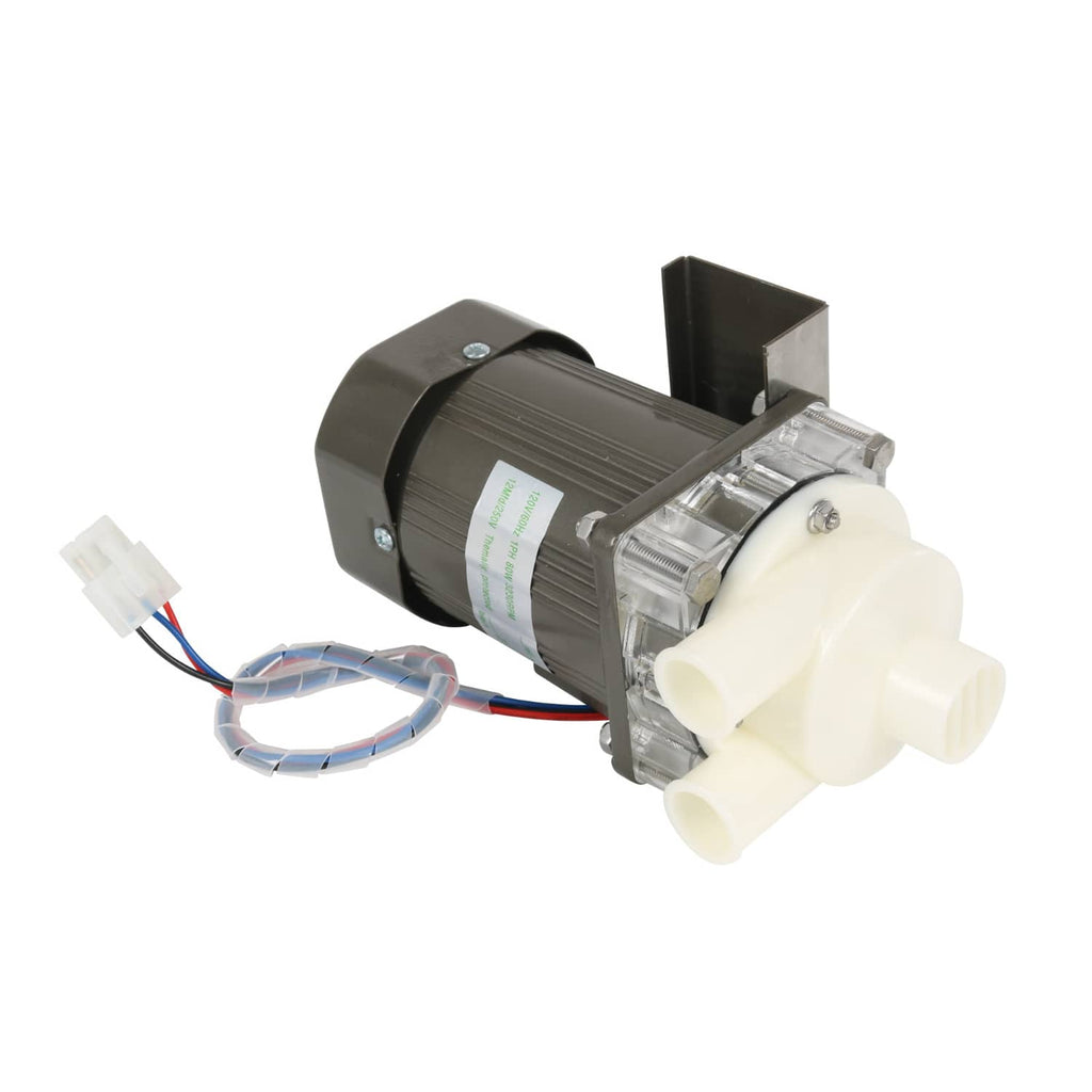 Ice machine water pump motor assembly with mounting plate and two white outlet ports
