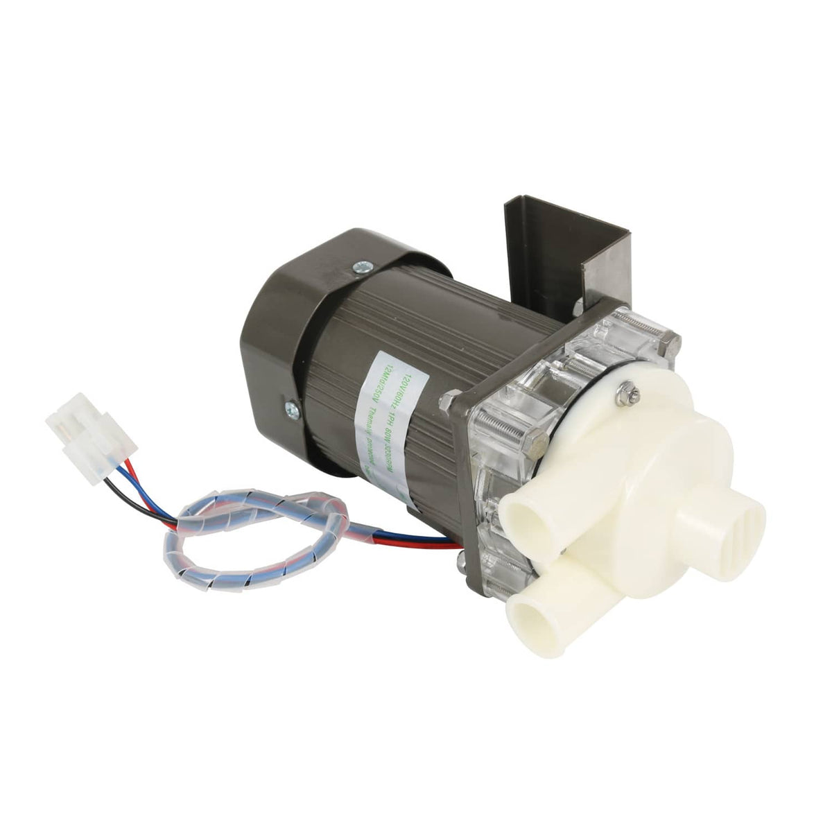 Ice machine water pump motor assembly with mounting plate and two white outlet ports