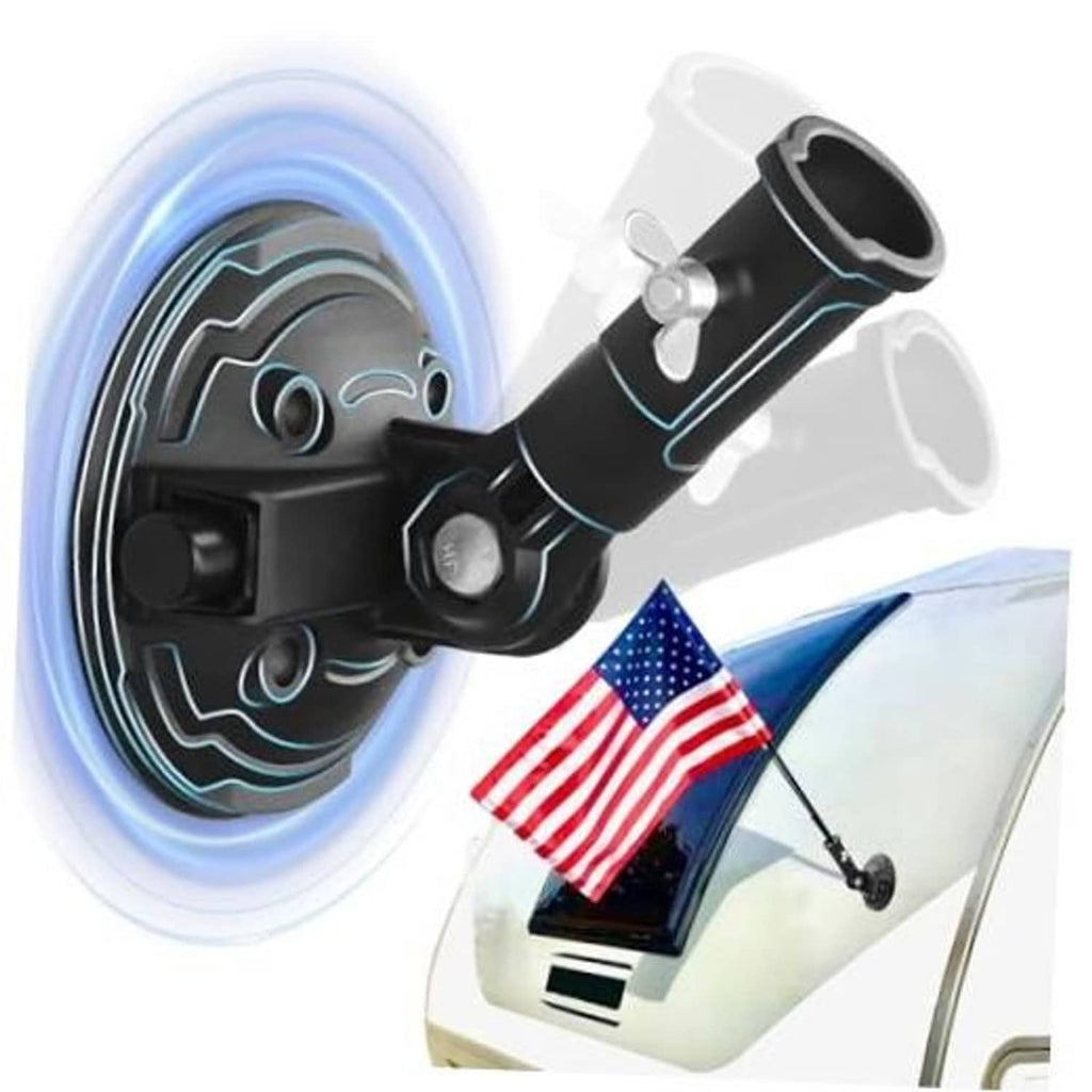 Black adjustable RV flag holder with suction cup mount and clamp arm